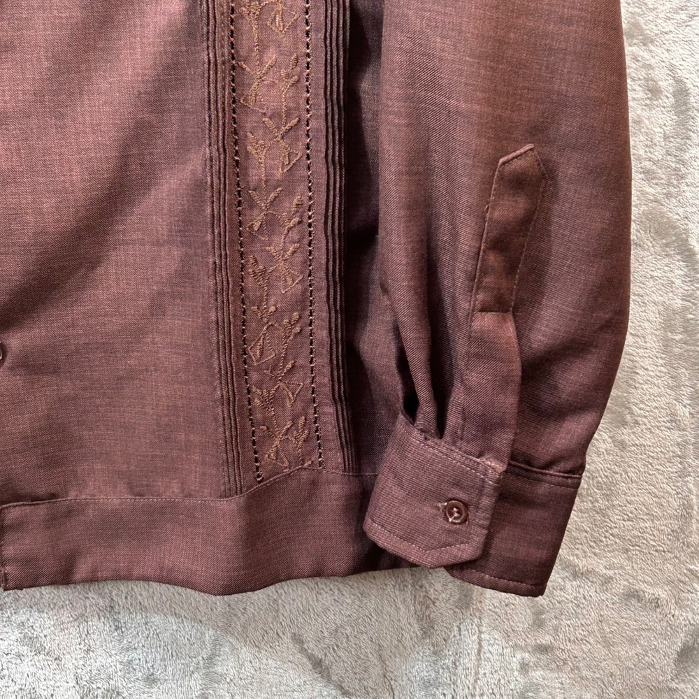 Vintage Yucatan Guayabera Shirt Mens 42 Brown Lino Seda Embroidered Wedding - Picture 3 of 10